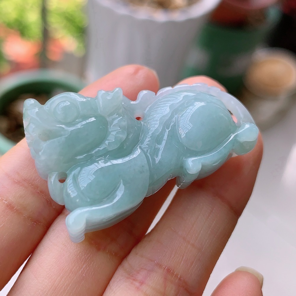 精雕 淺藍色 藍綠色 淺藍紫色 貔貅 翡翠 項鍊 玉墜 吊墜 鑰匙圈-V004017湧翠坊天然老坑A貨緬甸翡翠-附證書-細節圖5