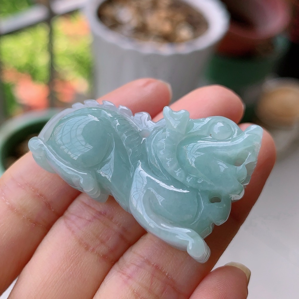 精雕 淺藍色 藍綠色 淺藍紫色 貔貅 翡翠 項鍊 玉墜 吊墜 鑰匙圈-V004017湧翠坊天然老坑A貨緬甸翡翠-附證書-細節圖6