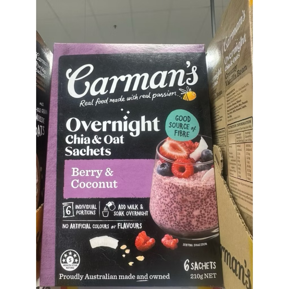 現貨來了🇦🇺澳洲Carman’s 奇亞籽燕麥杯overnight｜露營野餐方便攜帶｜免煮早餐|隔夜即食6入莓果/香草-規格圖2