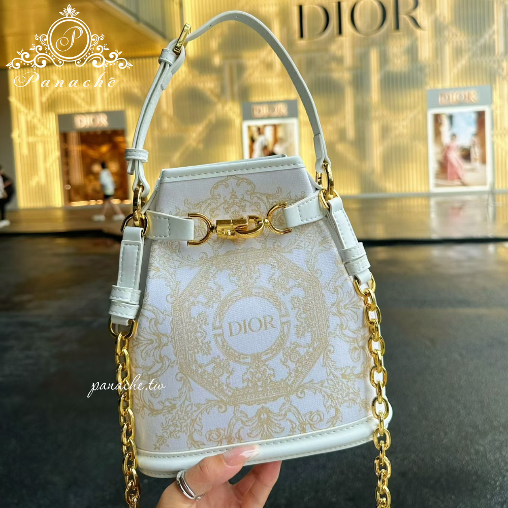 【Dior VIP限定改造】C＇est Dior風格水桶包｜白色燙金杜樂麗圖騰｜可斜背手提｜手工訂製唯一款-細節圖2