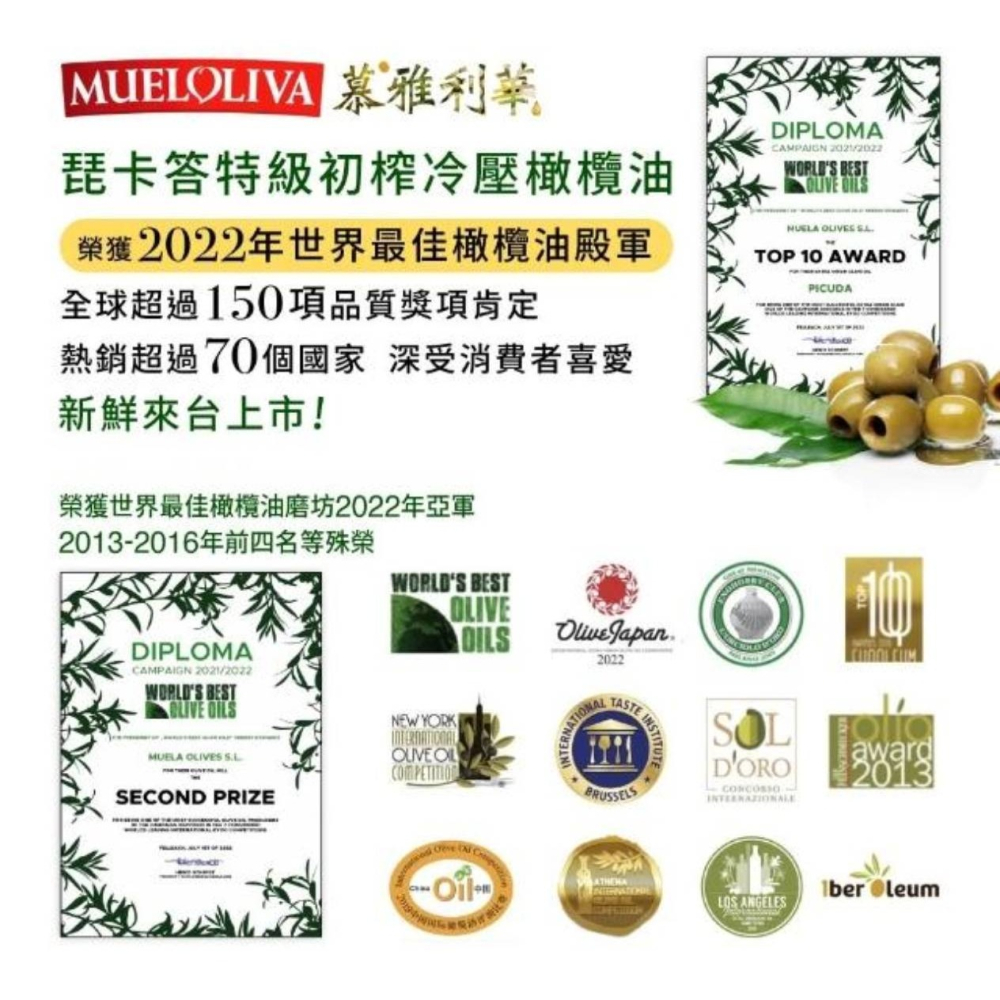 酸價0.2％丨慕雅利華丨MUELOLIVA 琵卡答 500ML*2入 特級初榨冷壓橄欖油 西班牙原瓶原裝-細節圖4