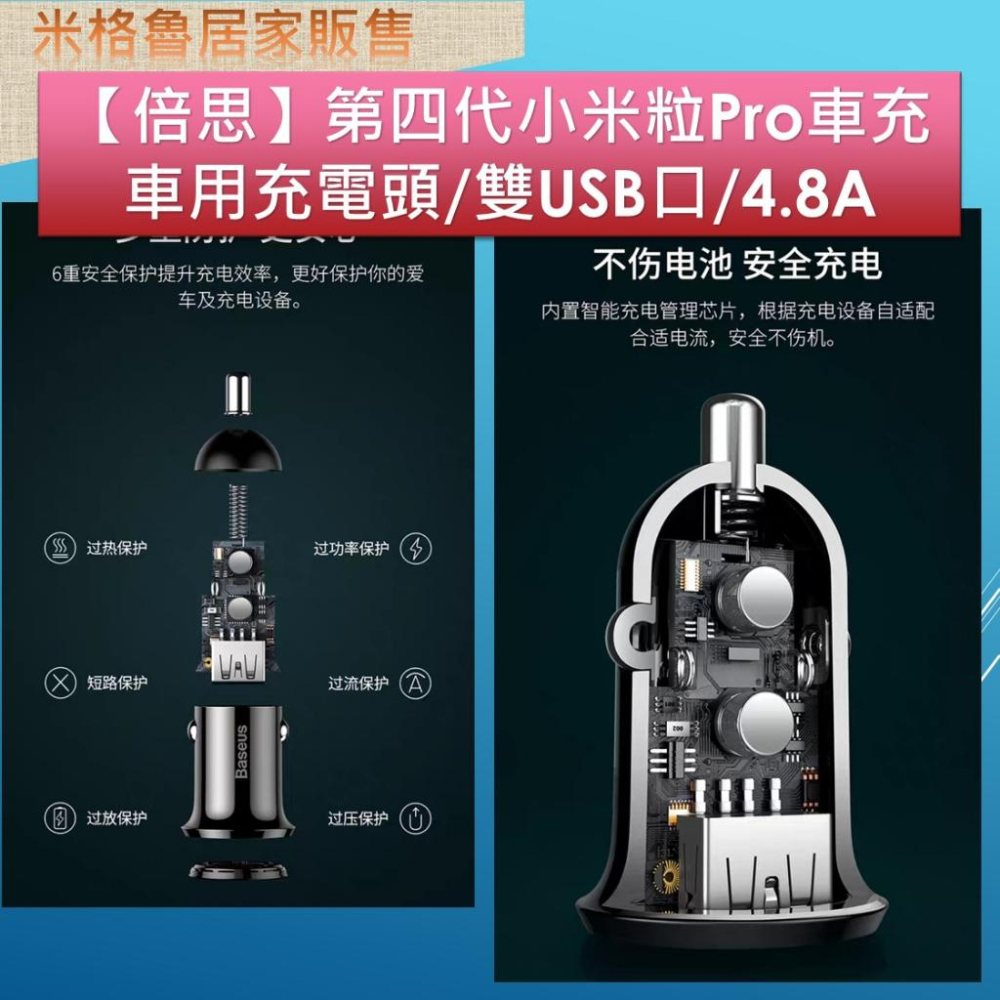 【Baseus】倍思車充_第四代小米粒Pro 車充點菸器 車用手機充電器/雙USB口/4.8A/快充/隱藏式車充-細節圖4