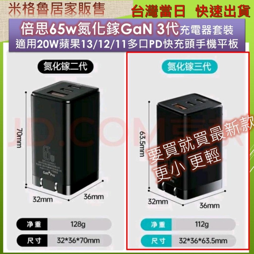 Baseus 倍思 65W氮化鎵3代充電器套裝(靈動系列) 適用20W蘋果13/12/11多口PD快充頭手機平板Bas-細節圖2