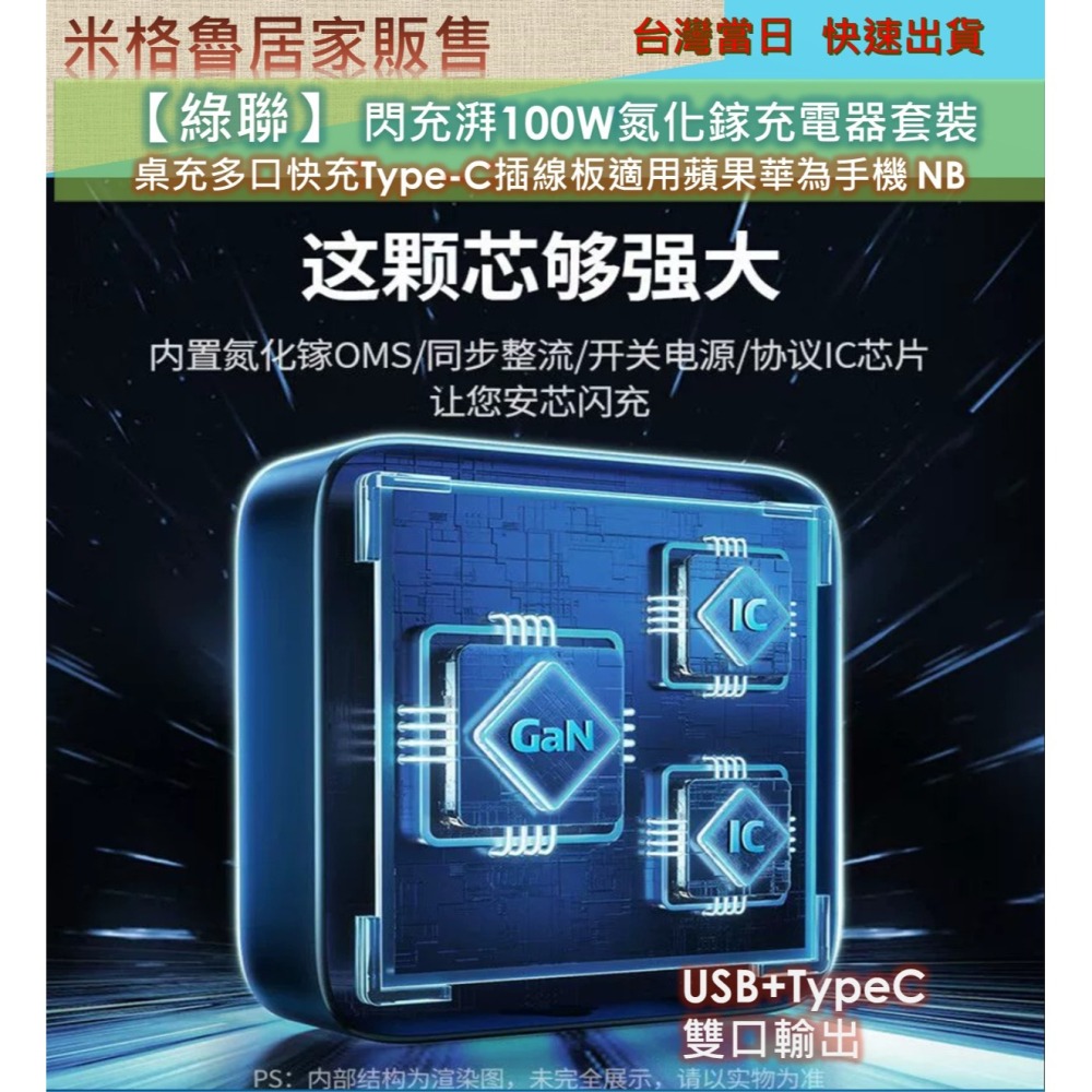 【UGREEN】 綠聯閃充湃100W氮化鎵充電器套裝桌充多口快充Type-C插線板適用蘋果華為NB-細節圖2