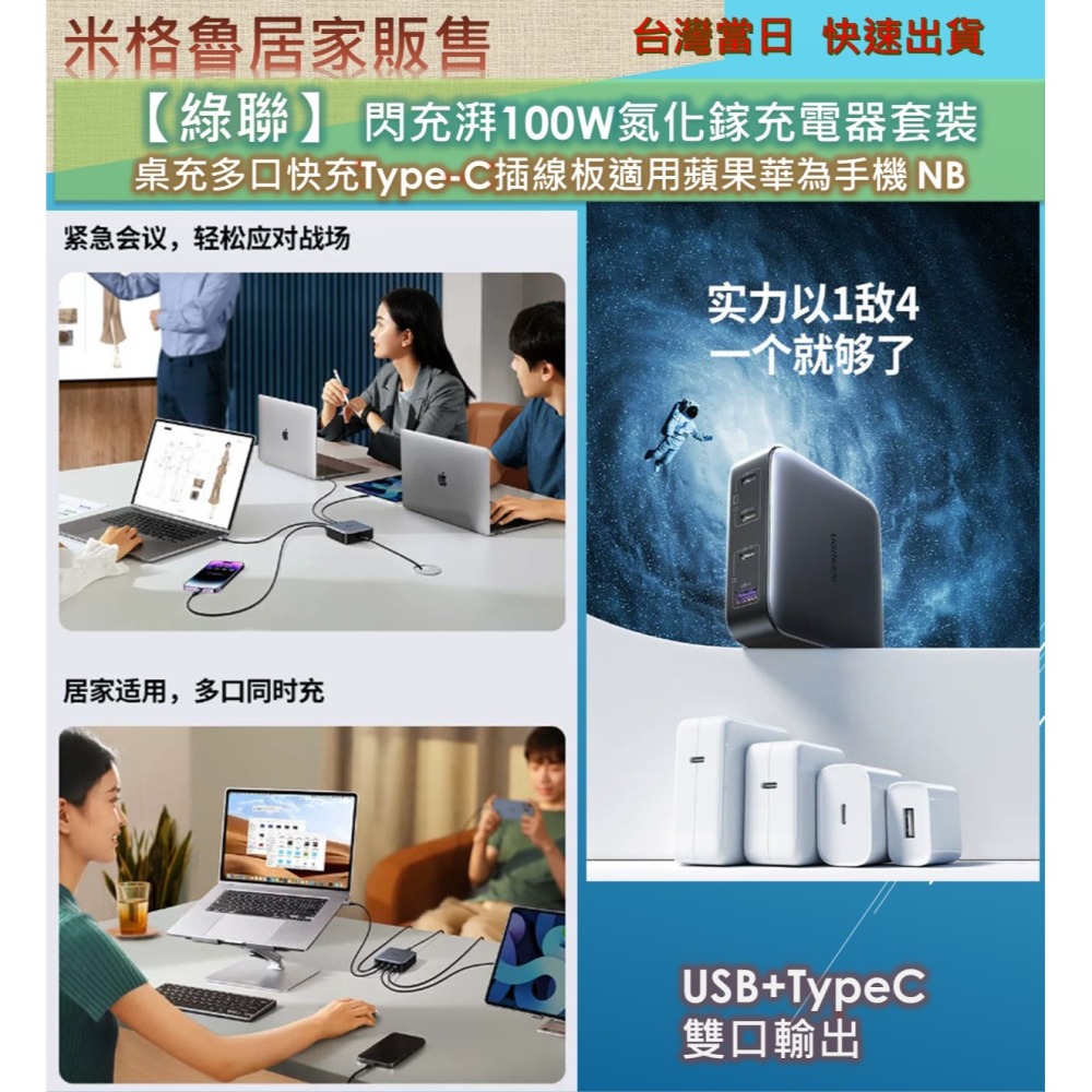 【UGREEN】 綠聯閃充湃100W氮化鎵充電器套裝桌充多口快充Type-C插線板適用蘋果華為NB-細節圖5