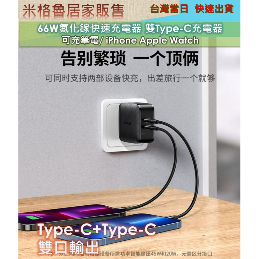 【綠聯】 PD66W快充充電器插頭雙Type-C孔適用iPhone蘋果macbook／NＢ／iPad／手機-細節圖2