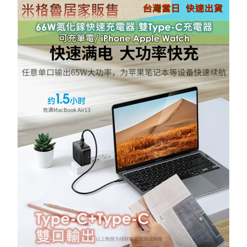 【綠聯】 PD66W快充充電器插頭雙Type-C孔適用iPhone蘋果macbook／NＢ／iPad／手機-細節圖3