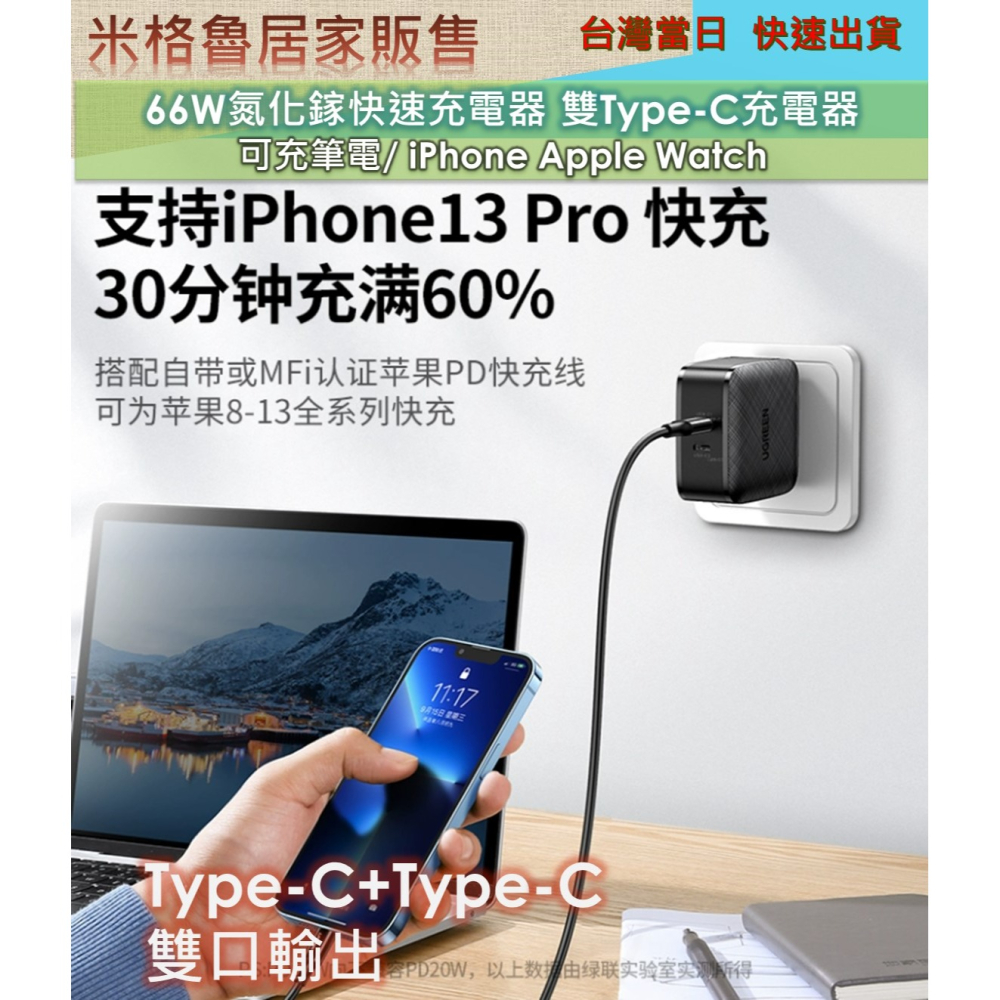 【綠聯】 PD66W快充充電器插頭雙Type-C孔適用iPhone蘋果macbook／NＢ／iPad／手機-細節圖4