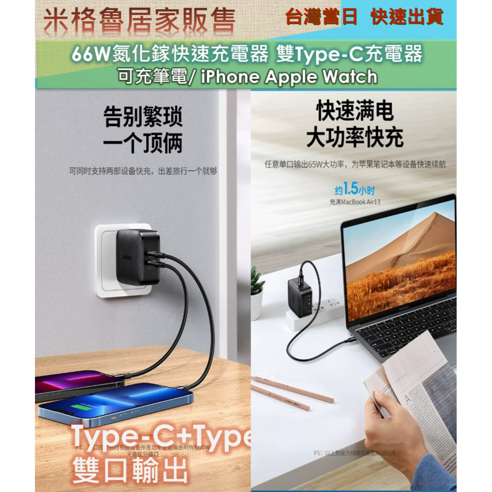 【綠聯】 PD66W快充充電器插頭雙Type-C孔適用iPhone蘋果macbook／NＢ／iPad／手機-細節圖5