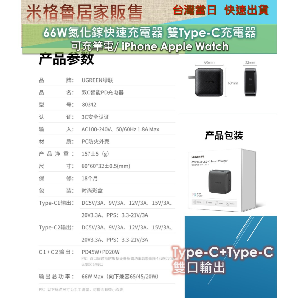 【綠聯】 PD66W快充充電器插頭雙Type-C孔適用iPhone蘋果macbook／NＢ／iPad／手機-細節圖8