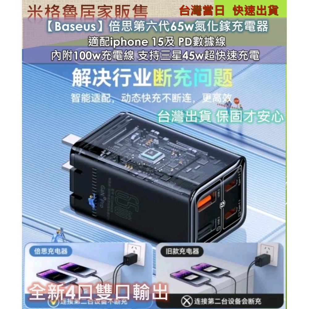 【Baseus】倍思全新升級第6代65w氮化鎵充電器 適配iphone 15及 PD數據線 內附100w充電線-細節圖7