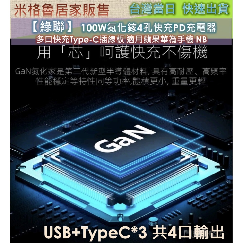 【綠聯】 100W氮化鎵4孔快充PD充電器 多口快充Type-C插線板 適用蘋果華為手機 NB-細節圖2