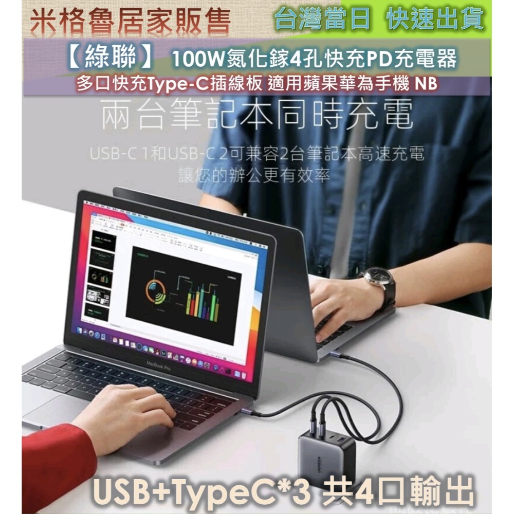 【綠聯】 100W氮化鎵4孔快充PD充電器 多口快充Type-C插線板 適用蘋果華為手機 NB-細節圖3