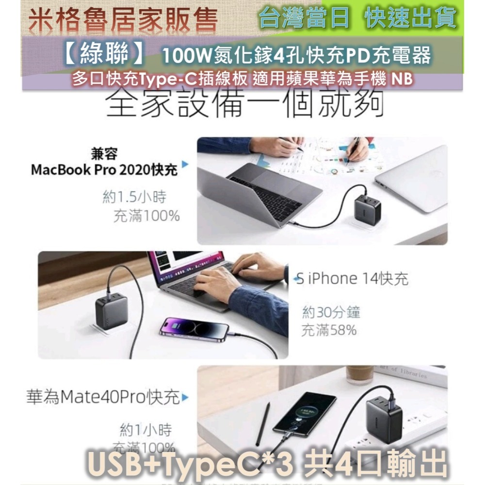 【綠聯】 100W氮化鎵4孔快充PD充電器 多口快充Type-C插線板 適用蘋果華為手機 NB-細節圖4