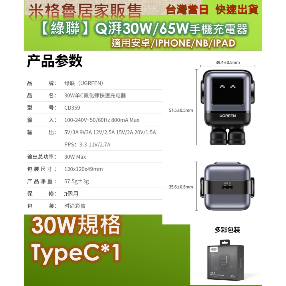 【UGREEN】 2024最新款綠聯Q湃機器人30W/65W氮化鎵充電頭 適用安卓&IPHONE IPAD NB適用於-細節圖9