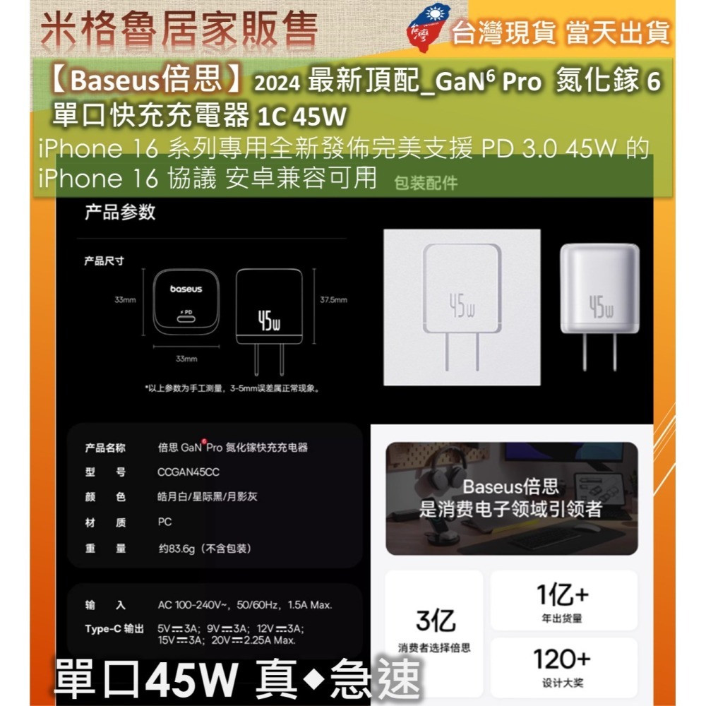 【Baseus倍思】2025 最新頂配_GaN6 Pro氮化鎵 6 單口快充充電器 1C 45W iPhone15~17-細節圖7