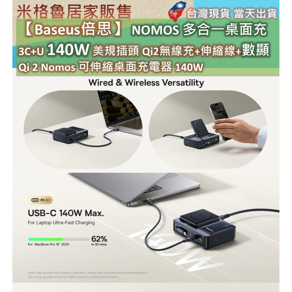 【Baseus倍思】NOMOS 多合一桌面充 3C+U 140W 美規插頭 Qi2無線充+伸縮線+數顯 Qi 2-細節圖4