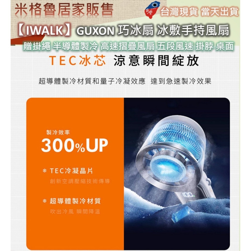【IWALK】GUXON 巧冰扇 冰敷手持風扇 製冷風扇 贈掛繩 半導體製冷 高速摺疊風扇 五段風速 掛脖 桌面立扇-細節圖3