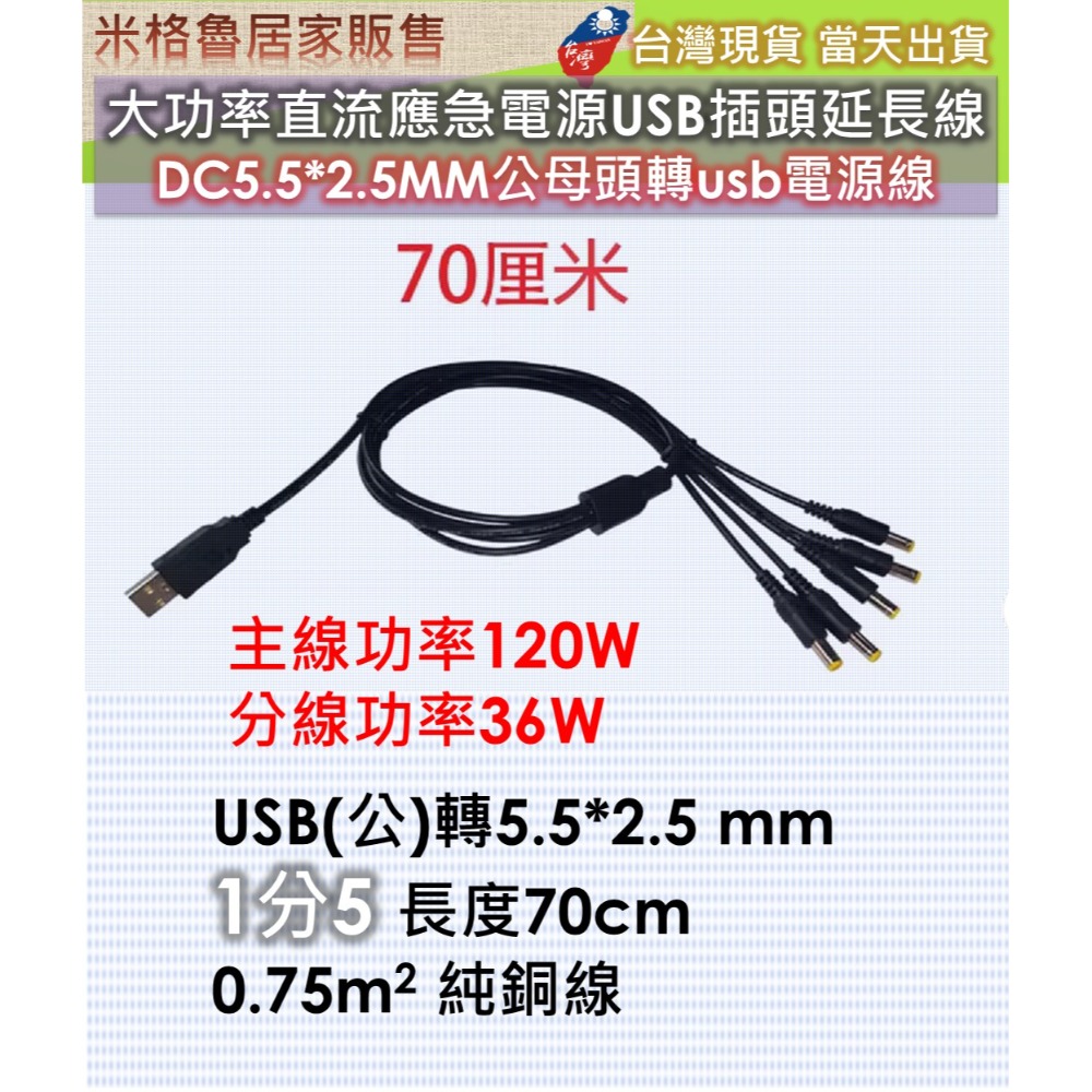 大功率直流應急電源USB插頭延長線 DC5.5*2.5MM公母頭轉usb電源線(1轉1_1分2_1分5)-規格圖3