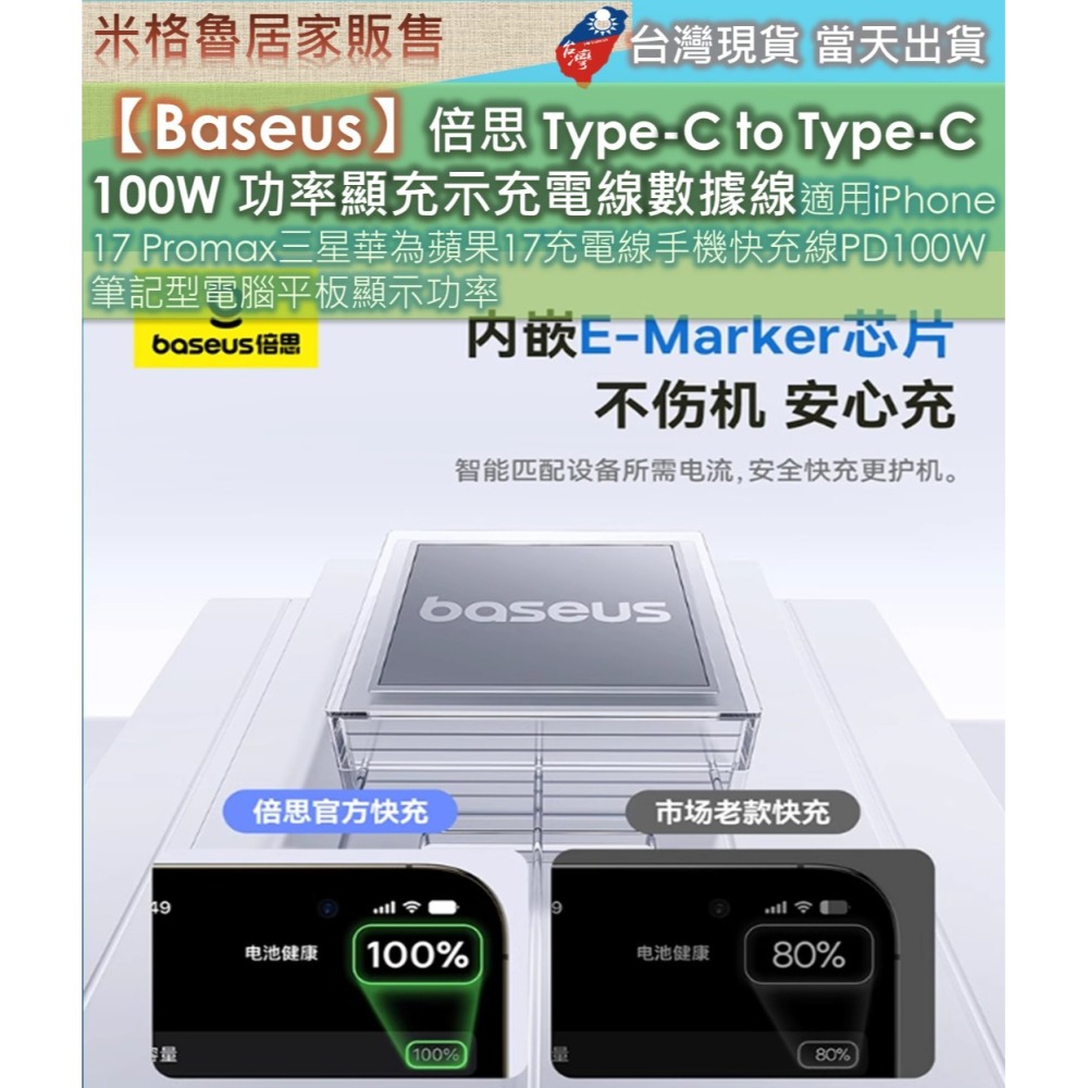 【Baseus】倍思 Type-C to Type-C 100W 功率顯充示充電線數據線適用iPhone17Promax-細節圖2
