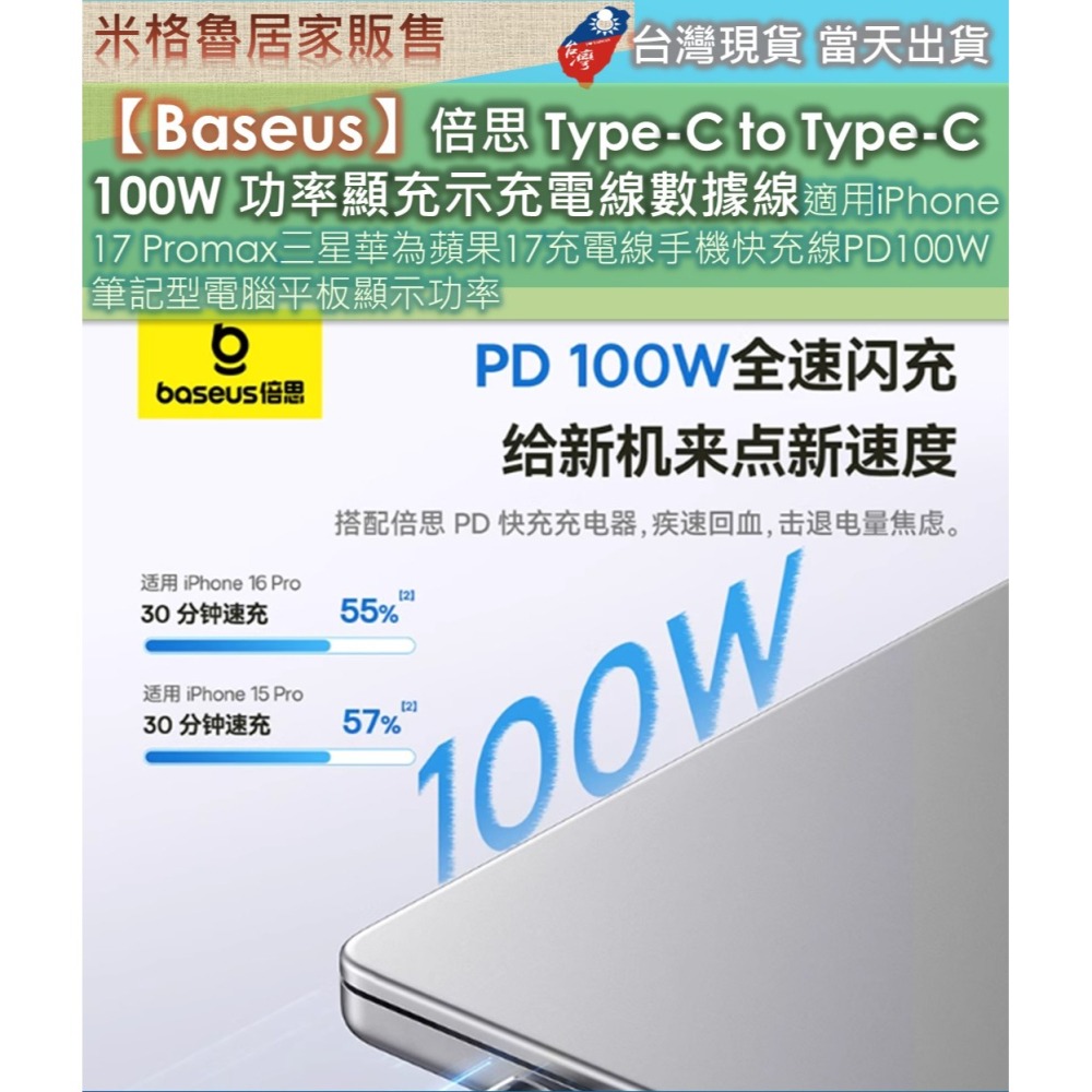 【Baseus】倍思 Type-C to Type-C 100W 功率顯充示充電線數據線適用iPhone17Promax-細節圖4