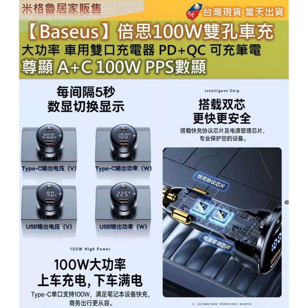【Baseus】倍思100W尊顯 A+C 100W PPS數顯 雙孔車充大功率車用雙口充電器 PD+QC 可充筆電-細節圖6