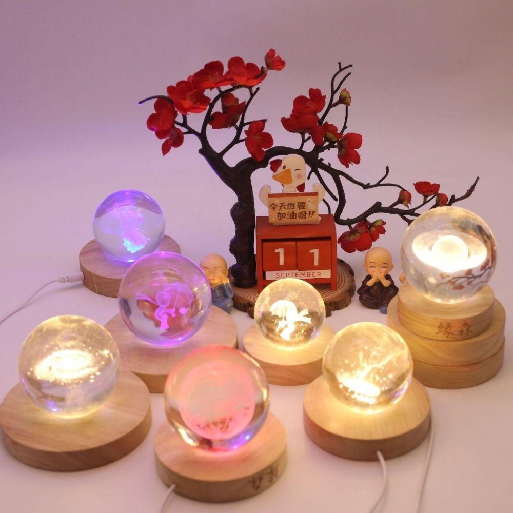 【*實木發光底座】實木 LED 燈座 水晶球 底座 發光底座 發光燈座 LED燈座 鹽燈 風水擺設 USB 七彩燈座-細節圖2