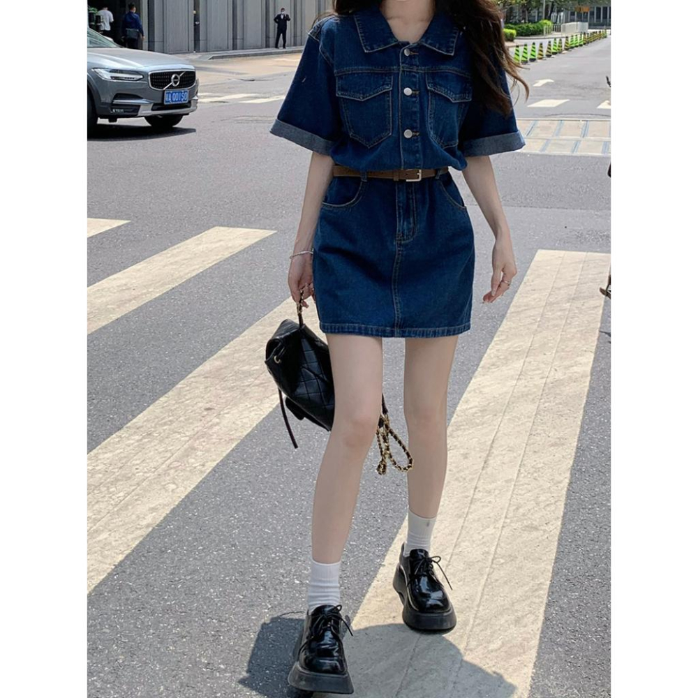 (配腰帶)短袖牛仔連衣裙☻夏季小個子工裝襯衫短裙 收腰顯瘦-細節圖2