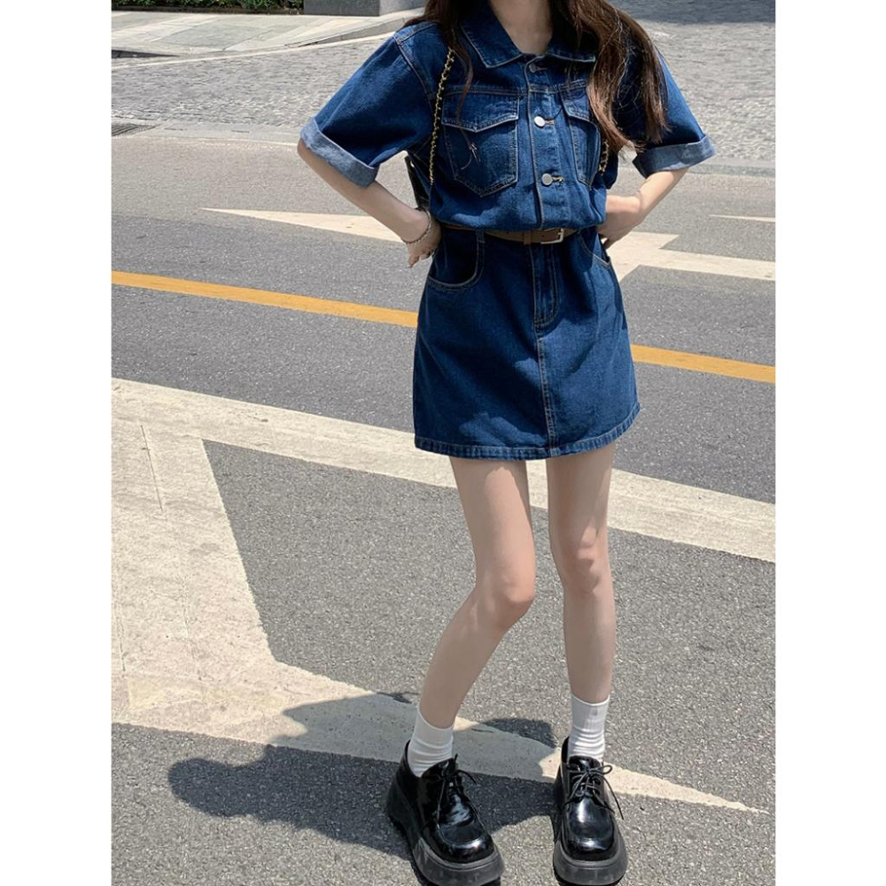 (配腰帶)短袖牛仔連衣裙☻夏季小個子工裝襯衫短裙 收腰顯瘦-細節圖3