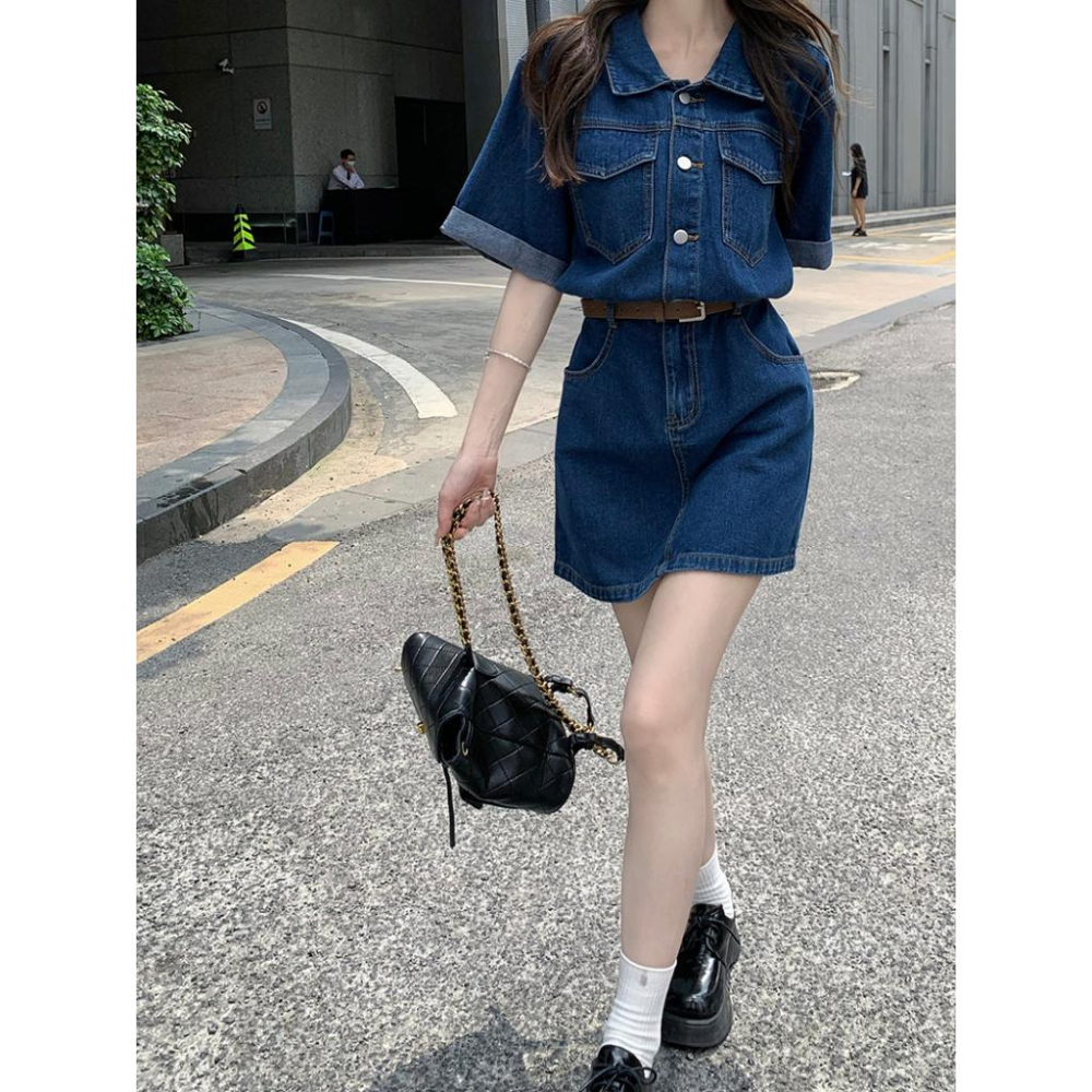 (配腰帶)短袖牛仔連衣裙☻夏季小個子工裝襯衫短裙 收腰顯瘦-細節圖4
