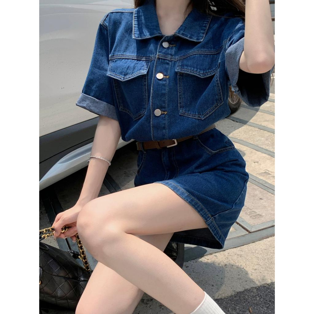 (配腰帶)短袖牛仔連衣裙☻夏季小個子工裝襯衫短裙 收腰顯瘦-細節圖5