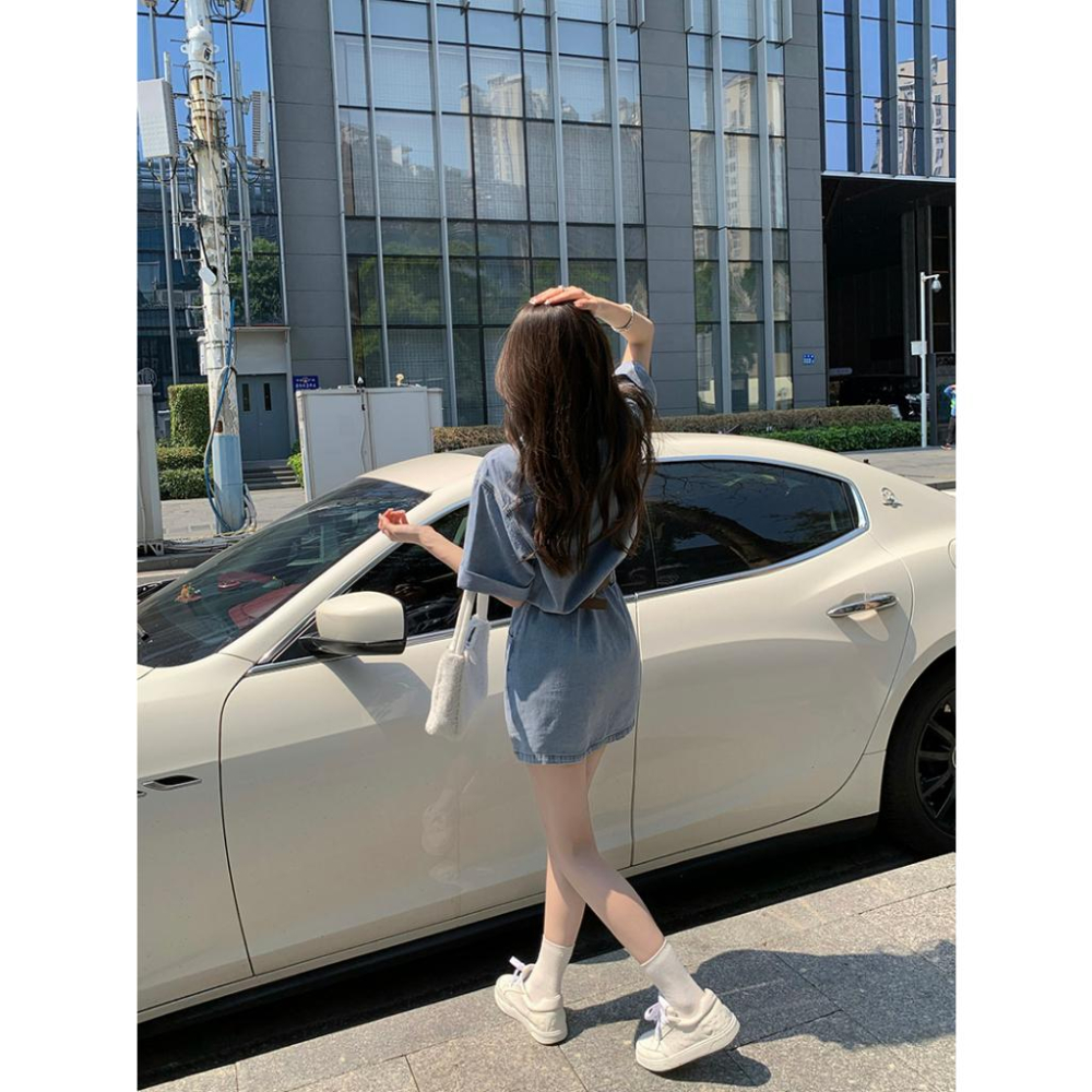 (配腰帶)短袖牛仔連衣裙☻夏季小個子工裝襯衫短裙 收腰顯瘦-細節圖6