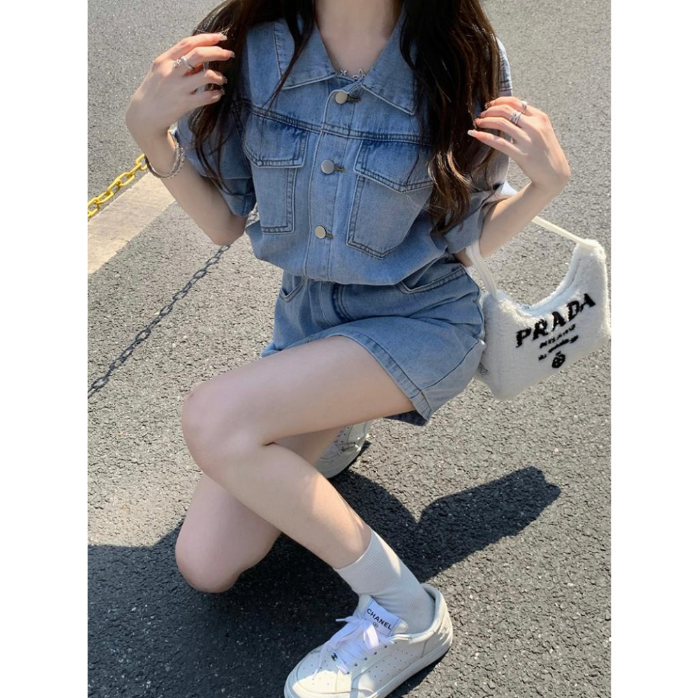 (配腰帶)短袖牛仔連衣裙☻夏季小個子工裝襯衫短裙 收腰顯瘦-細節圖7