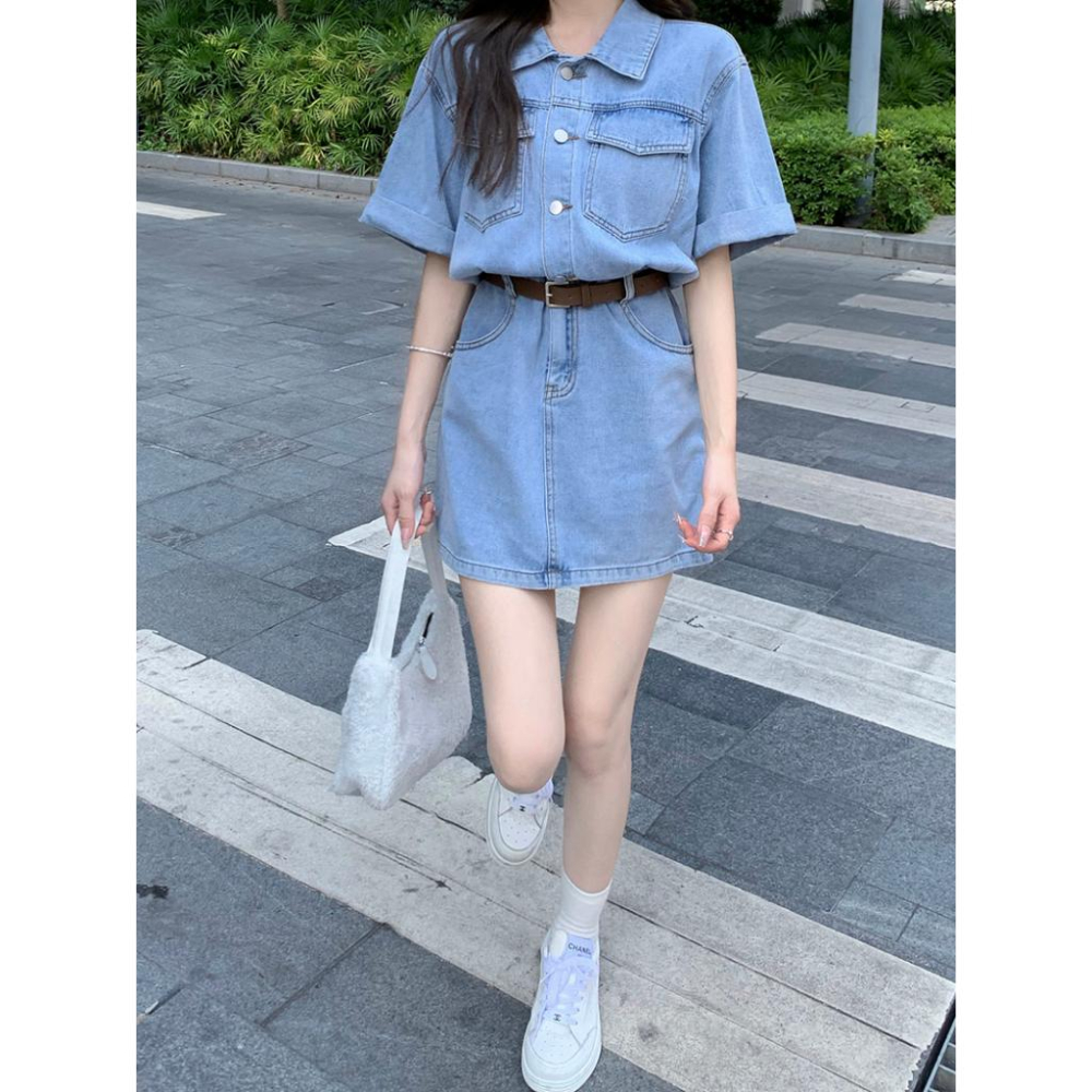 (配腰帶)短袖牛仔連衣裙☻夏季小個子工裝襯衫短裙 收腰顯瘦-細節圖8