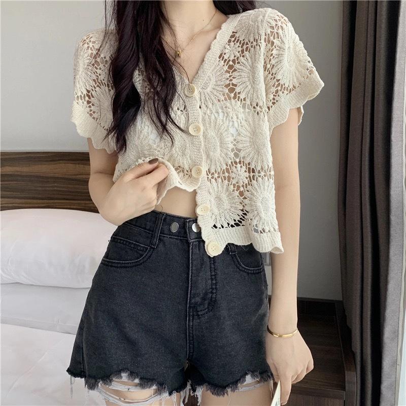 蕾絲短袖上衣☻法式鏤空針織開衫☻外披小外套-細節圖4