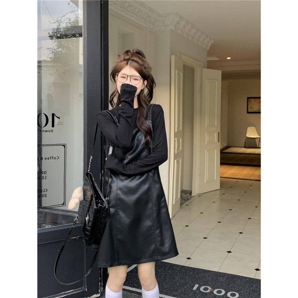 PU皮吊帶連衣裙☻秋季韓版小個子A字裙-細節圖3