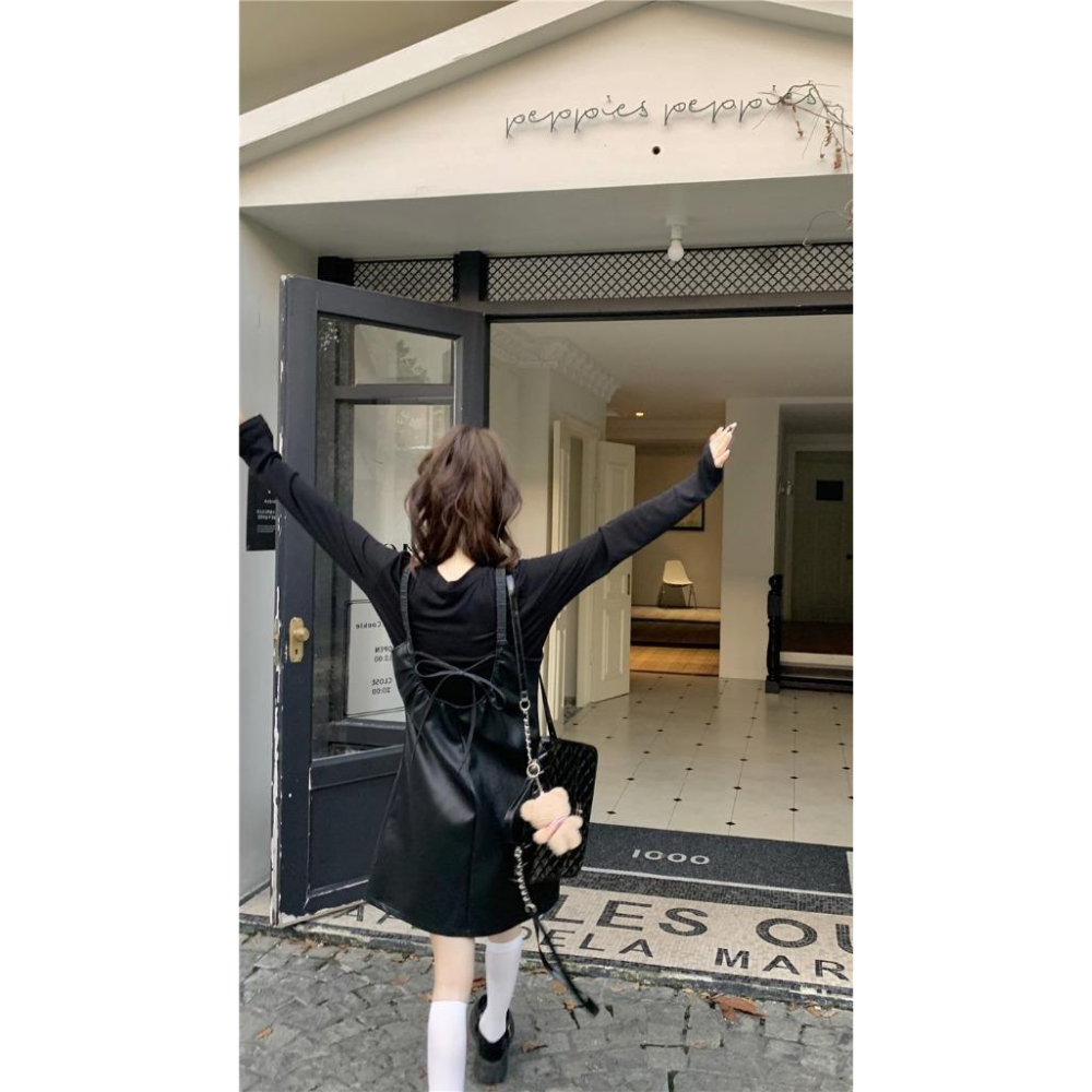 PU皮吊帶連衣裙☻秋季韓版小個子A字裙-細節圖5