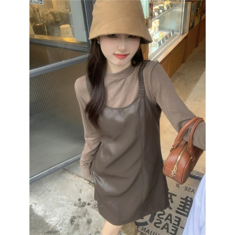 PU皮吊帶連衣裙☻秋季韓版小個子A字裙-細節圖6