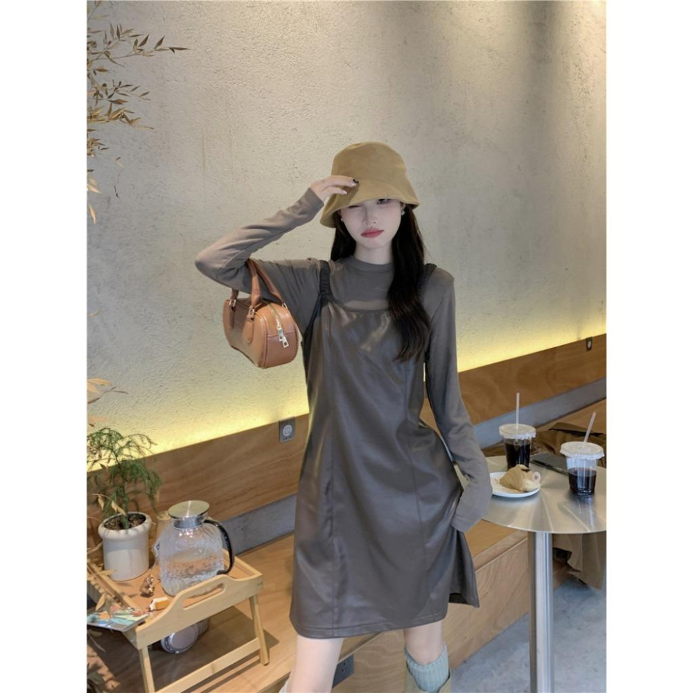 PU皮吊帶連衣裙☻秋季韓版小個子A字裙-細節圖7