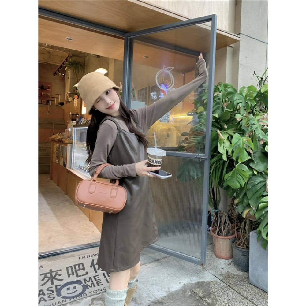 PU皮吊帶連衣裙☻秋季韓版小個子A字裙-細節圖8