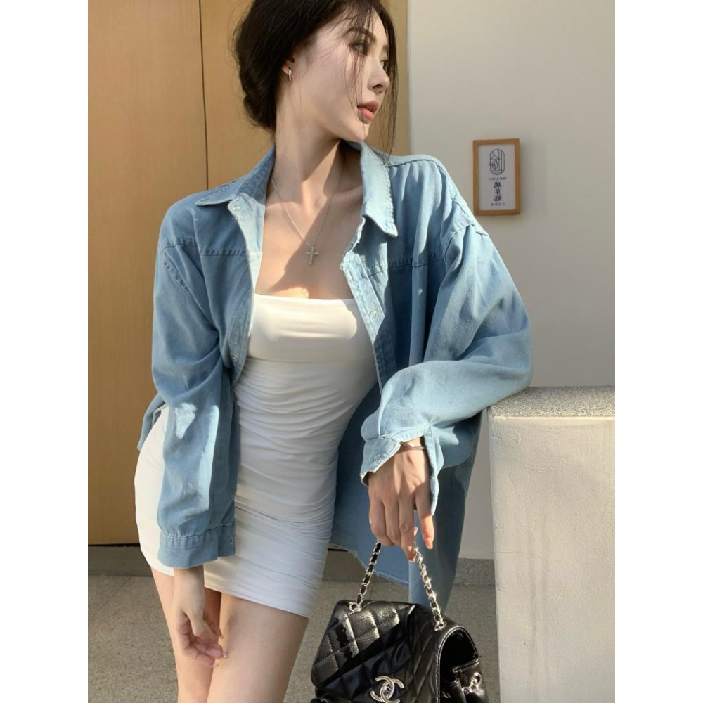 復古藍色牛仔襯衫外套☻秋季寬鬆休閒款襯衣-細節圖5