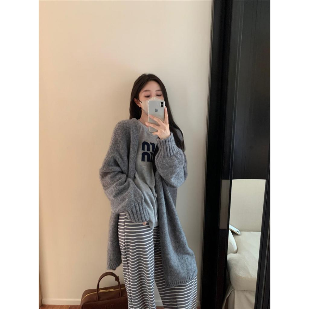 慵懶風灰色毛衣外套☻秋季針織中長款寬鬆外套-細節圖2