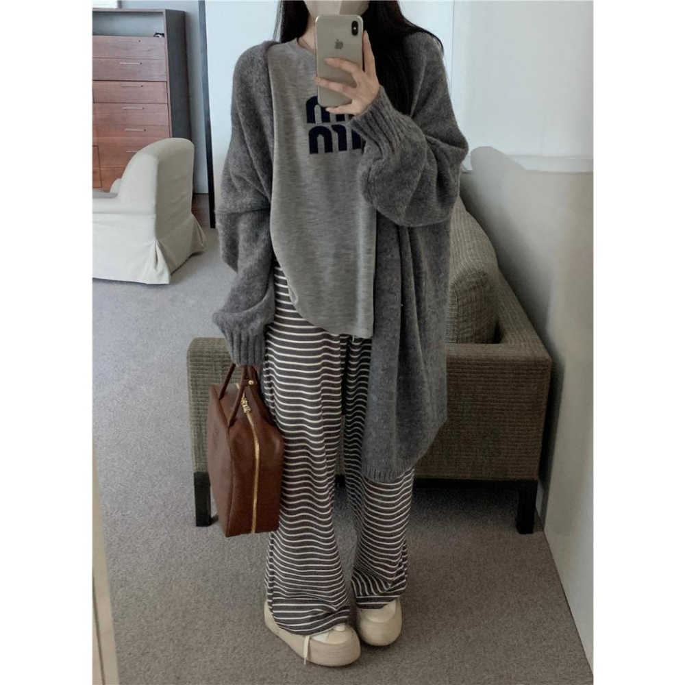 慵懶風灰色毛衣外套☻秋季針織中長款寬鬆外套-細節圖3