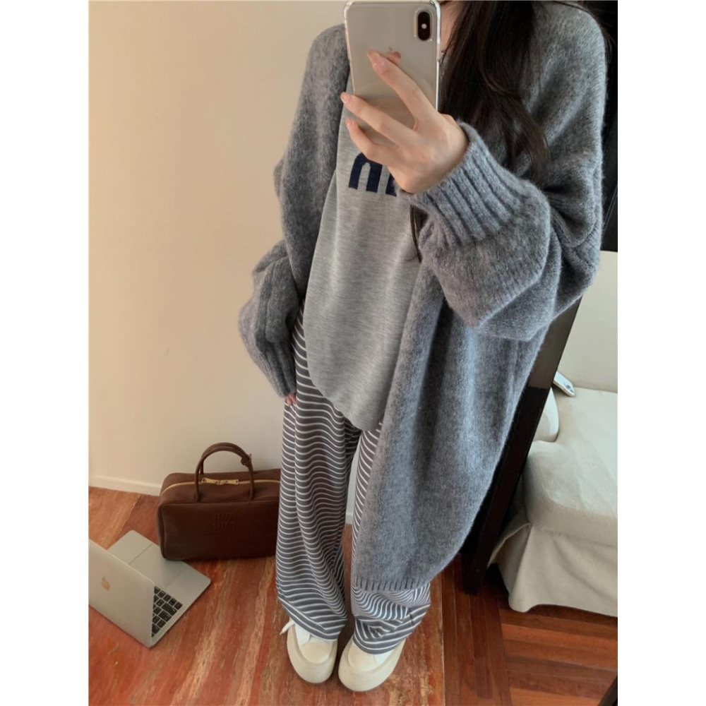 慵懶風灰色毛衣外套☻秋季針織中長款寬鬆外套-細節圖4