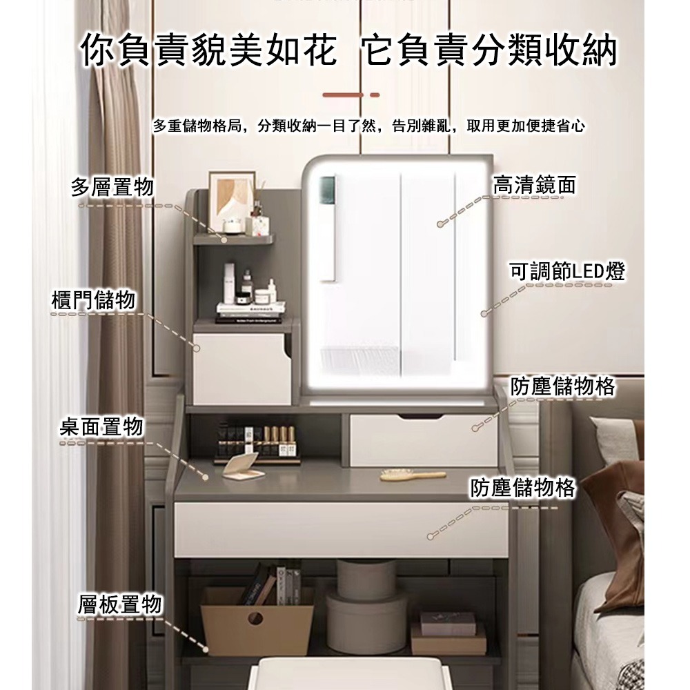 【E家工廠 110】北歐化妝桌  帶燈 大容量 化妝台 梳妝桌 梳妝台 鏡台 收納化妝台 收納化妝桌  可貨到付款-細節圖2