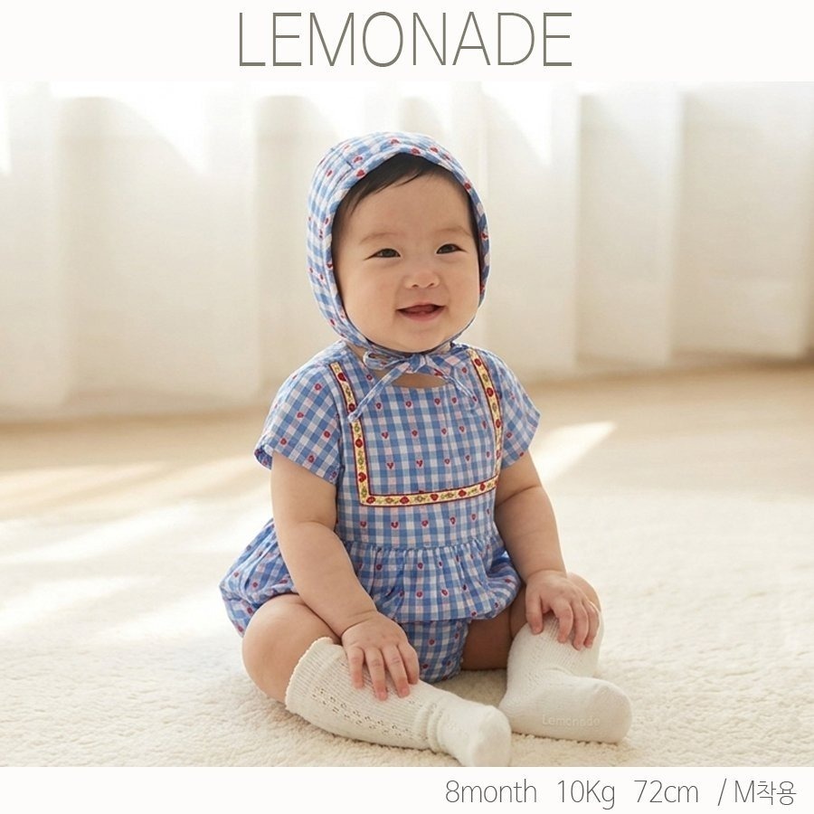 LEMONADE 方格愛心包屁衣套裝(含帽子)-細節圖2