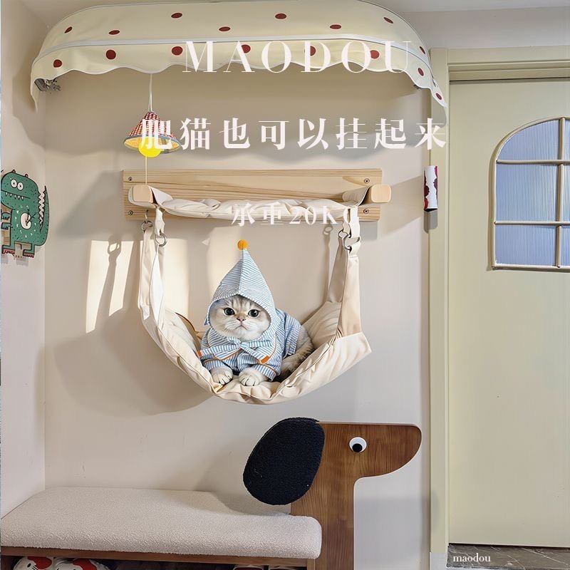 實木牆上掛式貓咪爬架爬梯貓咪圓柱跳板貓鞦韆吊床夏季貓牆貓床-細節圖3