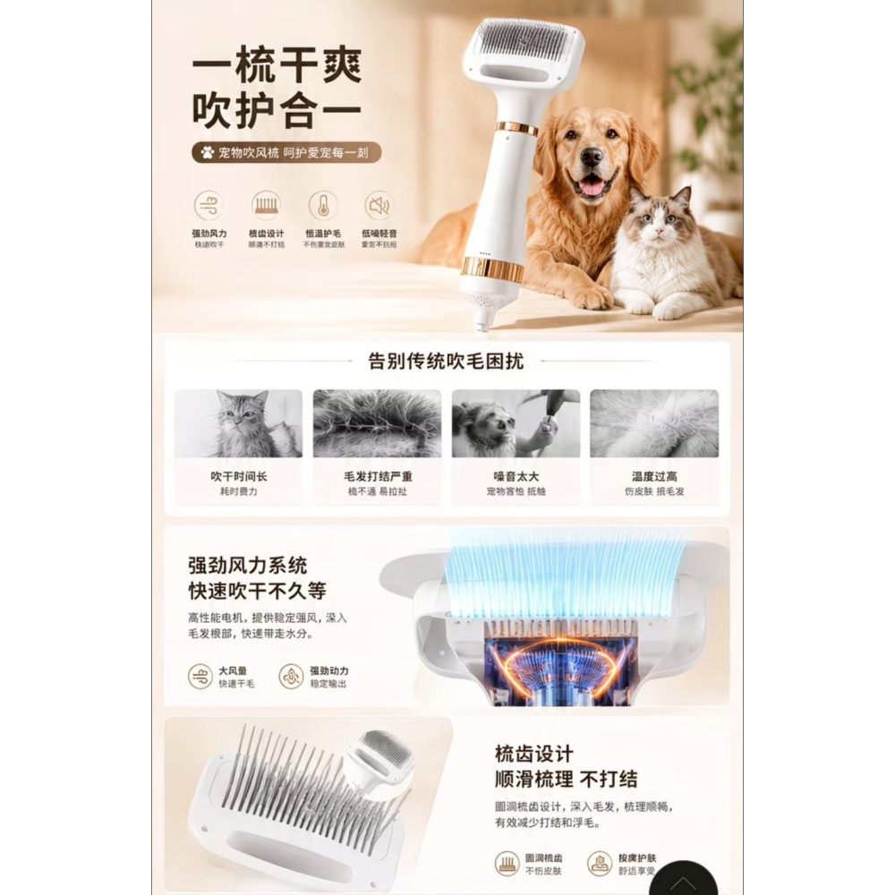 寵物拉毛吹風機狗狗貓咪通用蓬鬆速乾梳毛器寵物洗澡吹梳-細節圖10