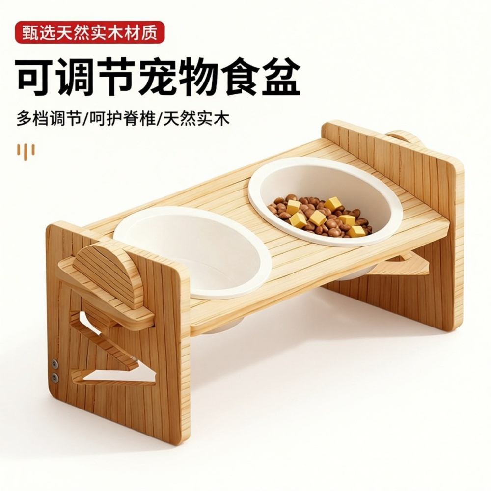 可調節高度的實木寵物雙碗架-細節圖2