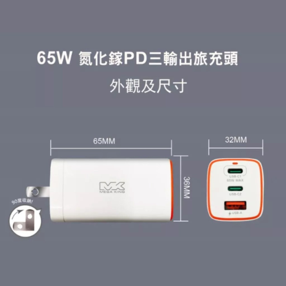 MEGA KING 65W GaN氮化鎵PD三孔旅充頭 雙USB-C+USB-A充電器-細節圖6